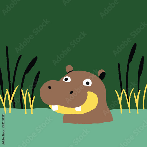 Cute little vector hippo in cartoon style isolated on white background. Baby hippo stands in green grass
