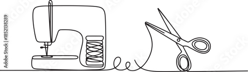 continuous line of needle, thread and scissors.one line drawing of clothing sewing equipment. single line vector illustration of boutique and clothing convection. one line Icon drawing