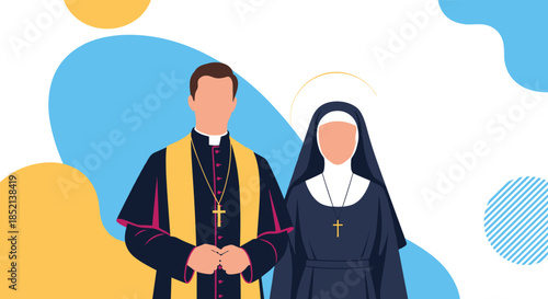 A priest and a nun from the Catholic church standing together, representing faith, religion, and spiritual service against a modern abstract background design.