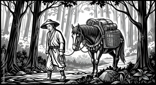 Man in traditional clothing leads a horse laden with goods through a forest path.