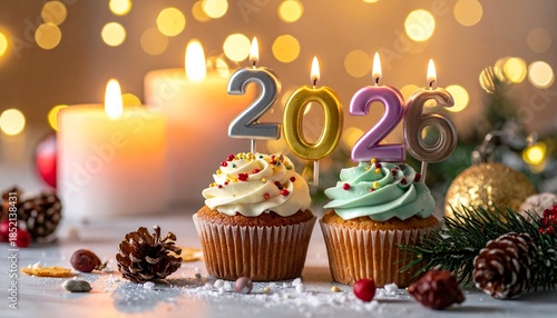 Celebrating the start of 2026 with festive cupcakes and candles in a cozy holiday setting