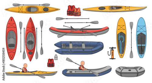 An extensive collection of various water sports equipment, including kayaks, inflatable boats, paddleboards, oars, and life vests for summer recreation.