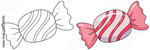 Candy vector illustration featuring a glossy striped wrapped sweet in vibrant pink tones alongside a clean black and white outline version suitable for creative design projects