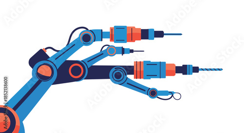 A futuristic robotic arm with multiple attachments like drills and grippers, symbolizing industrial automation, advanced manufacturing, and modern technology.