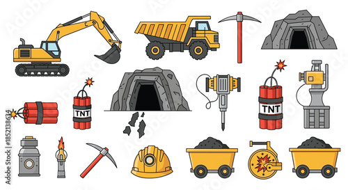 A comprehensive set of coal mining and quarry equipment icons, including heavy machinery, tools like pickaxes, dynamite, and safety gear like helmets.