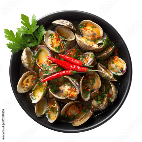 Steamed Clams casino in black bowl with chili peppers and parsley overhead view isolated on white or transparent background