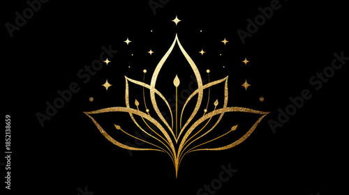 Elegant golden lotus flower design with sparkling stars on a black background. Luxurious spiritual illustration, perfect for branding or decor.