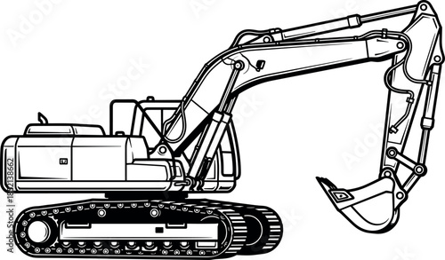 Excavator line art illustration showing heavy construction machinery for digging earthmoving demolition and industrial engineering operations