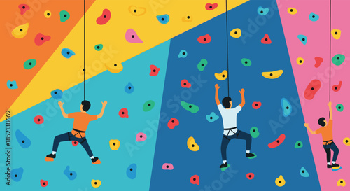 People wearing safety harnesses actively engage in indoor rock climbing on a vibrant and colorful wall, showcasing a popular recreational sport and fitness activity.