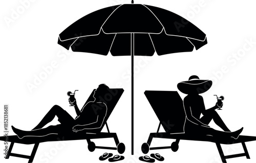 Beach vacation silhouette illustration showing relaxing couple on sun loungers under umbrella enjoying summer holiday leisure time