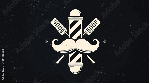 Vintage Barbershop Emblem with Classic Pole, Mustache, and Combs on Dark Textured Background for Male Grooming