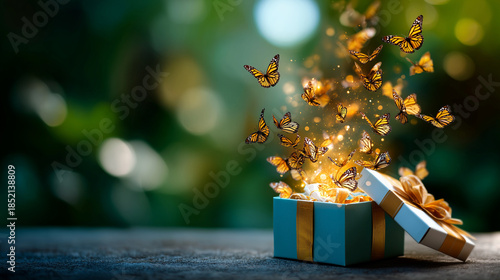 Gift box dissolving into butterflies metaphor for transformation and joy, defocused present metamorphosis, wrapped surprise liberation, package evolution, gift-to-nature change, wi