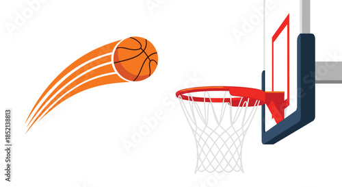 An energetic basketball with motion trails streaks through the air, heading directly for the hoop and net, capturing a moment of scoring in a game.
