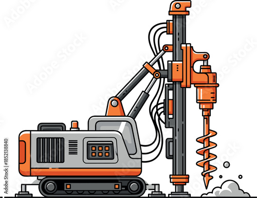 Industrial drilling machine illustration showing heavy construction equipment with auger for foundation drilling mining engineering and ground excavation work