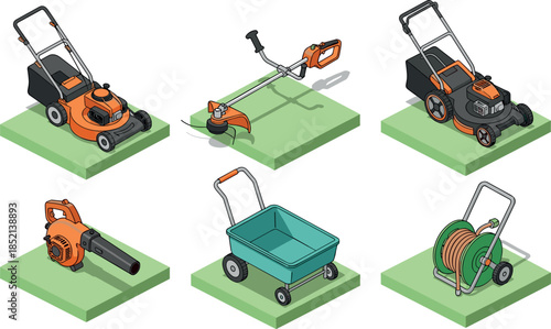 Garden equipment illustration set featuring lawn mower trimmer blower hose reel and utility cart for outdoor landscaping work