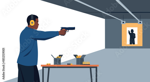 A man wearing yellow hearing protectors practices his aim with a pistol at an indoor shooting gallery, focusing on a silhouette target down range for training.