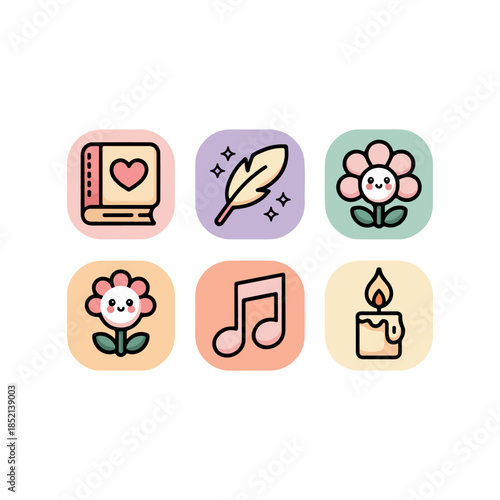 Set of kawaii cute rounded icon set for new year and vector symbols featuring book andcandle and music icon and flower icon