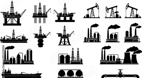 Oil and gas industry silhouette set featuring offshore rigs refineries pipelines tankers and pumpjacks for energy production concepts