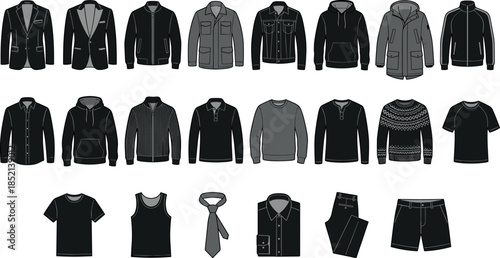 Men’s clothing silhouettes – jackets, shirts, sweaters, trousers, accessories – flavector