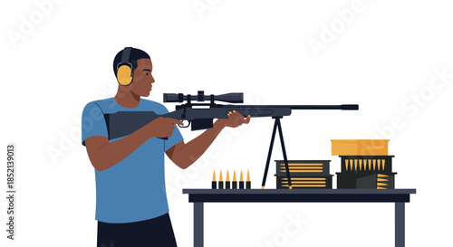 A marksman wearing hearing protection carefully aims a high-powered sniper rifle with a scope, mounted on a bipod for stability at a shooting range.