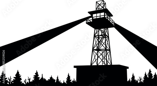 Forest fire lookout tower with searchlights in silhouette illustration – flavector