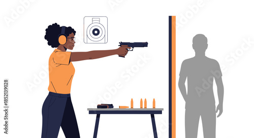 A focused woman wearing glasses and hearing protection practices her shooting skills with a pistol at a range, aiming at a bullseye target for precision.