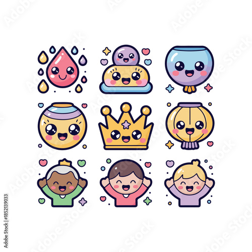 Cute Three Kings Celebration Lanterns, Crowns & Cheering Kids  kawaii cute rounded icon set