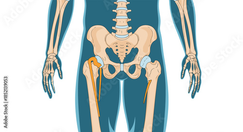 An anatomical illustration showing the human skeletal structure of the pelvis and femur, with a detailed view of a total hip replacement prosthesis implant.