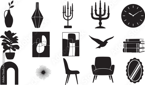 Black and white modern home decor icons