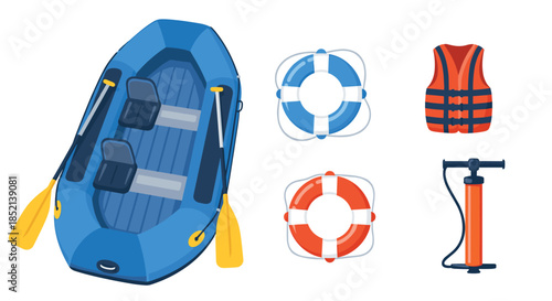 A collection of essential boating and water safety equipment, including an inflatable raft, lifebuoys, a life jacket, and an air pump for inflation.