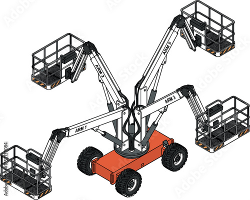 Articulated boom lift machine illustration with multiple working platforms industrial aerial work equipment construction maintenance vector design