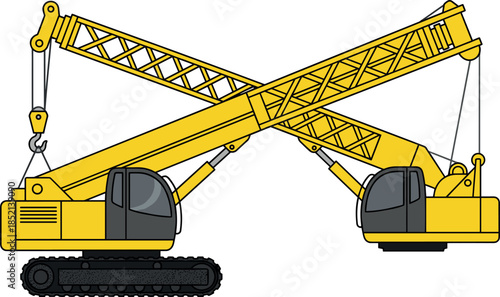 Dual crawler crane cartoon illustration with crossed lattice booms heavy construction lifting machinery industrial equipment vector design