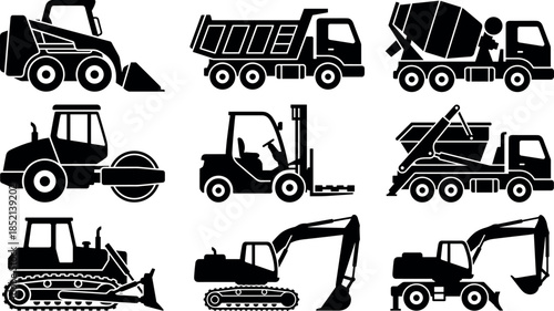 Construction machinery black silhouette icon set with loader dump truck mixer forklift excavator bulldozer heavy equipment