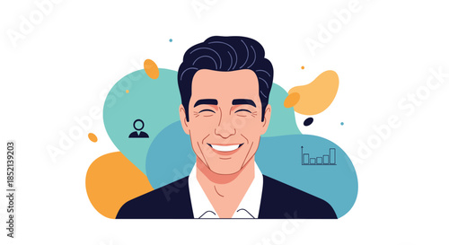 A portrait of a handsome and happy man with a charming smile, conveying success, confidence, and positivity against a modern abstract background of shapes.