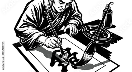 Man practicing traditional Japanese calligraphy with a large brush.
