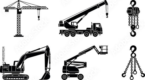 Heavy construction lifting machinery black silhouette icon set including cranes excavator boom lift chains industrial equipment vector