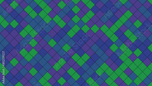 Geometric pattern of interlocking diamond shapes in shades of blue and green