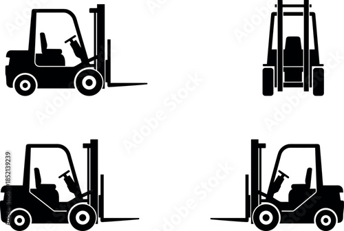 Forklift truck black silhouette icon set showing side front views industrial warehouse logistics equipment vector illustration