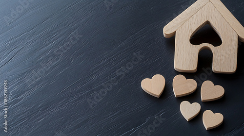 A wood cutout of a house with a heart-shaped window and hearts on a dark surface, symbolising love, home, and family.  Heartfelt home concept. Wood art.