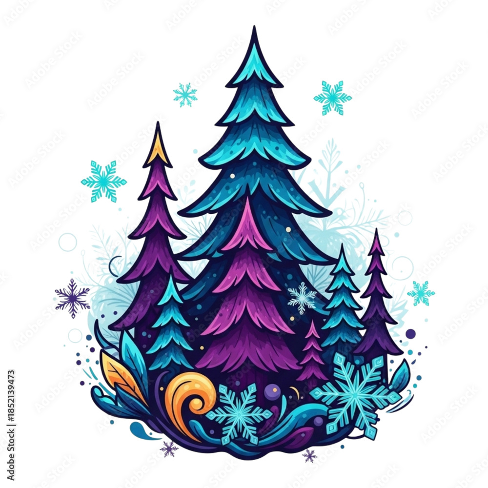 Obraz premium Christmas Trees in Whimsical Illustration Style with Vibrant Colors and Snowflakes for Holiday Greeting Cards