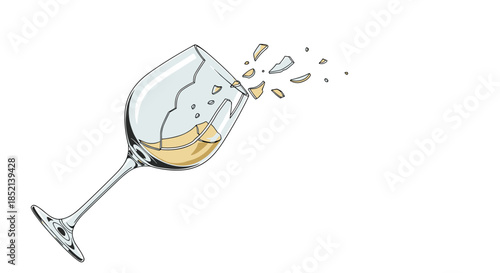 A fragile wine glass containing white wine is dramatically shattering, with sharp fragments flying away, symbolizing an accident, fragility, or a moment of crisis.