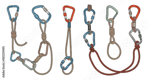 A collection of various rock climbing and mountaineering safety equipment, showcasing different setups of ropes, knots, and carabiners for belaying and anchoring.