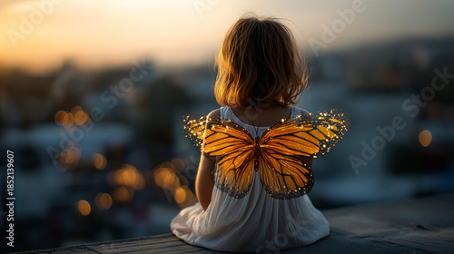 Faceless girl with butterfly wings sitting on rooftop, fantasy concept of transformation innocence and freedom, defocused elevated metamorphosis, rooftop liberation, aerial evoluti