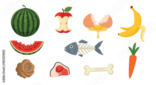 A collection of various organic food waste items, including fruit peels, apple cores, and fish bones, ready for composting or disposal as biodegradable trash.