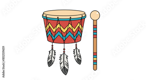 A traditional tribal drum decorated with colorful patterns and feathers, complete with a matching mallet, representing indigenous culture and rhythmic music.