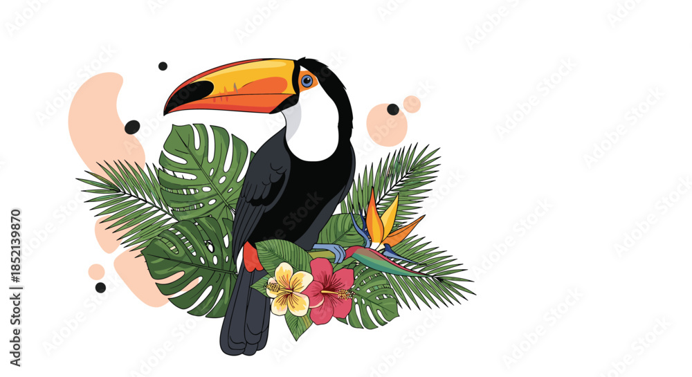 Obraz premium A colorful toucan with a large beak perches among vibrant tropical leaves and exotic flowers, capturing the essence of a lush rainforest environment.