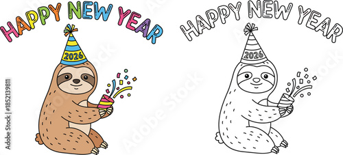 Cute Sloth Celebrating Happy New Year 2026 with Party Popper and Hat Vector