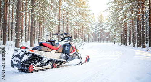 Snowmobile parked on snow-covered forest trail in winter concept of winter  