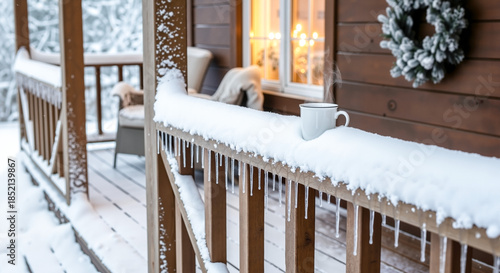 Snow on porch banister with a cup and icicles in winter scene  