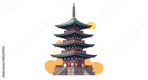 A beautiful and detailed illustration of a traditional multi-tiered Japanese pagoda, a historic architectural symbol of Asian culture, spirituality, and tranquility.